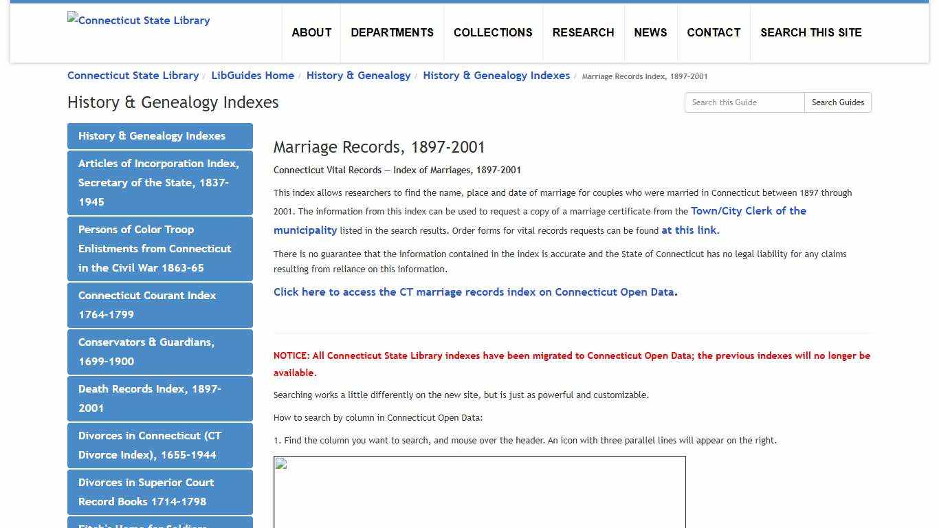 Marriage Records Index, 1897-2001 - History & Genealogy Indexes - LibGuides Home at Connecticut State Library.