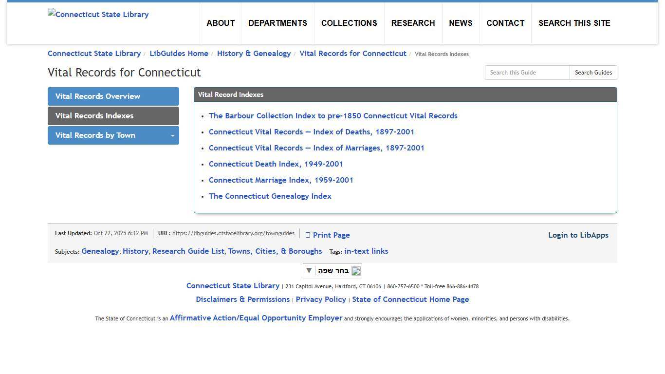 Vital Records Indexes - Vital Records for Connecticut - LibGuides Home at Connecticut State Library.