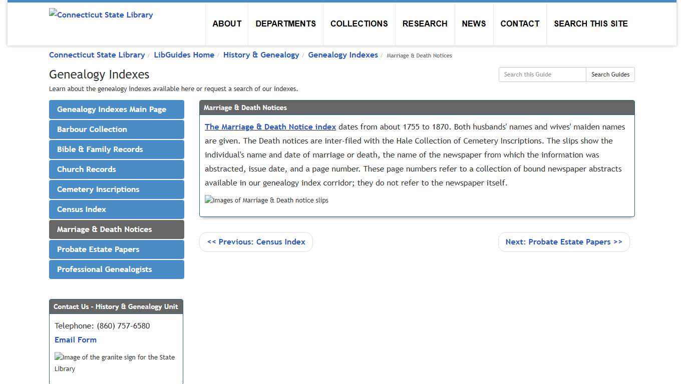 Marriage & Death Notices - Genealogy Indexes - LibGuides Home at Connecticut State Library.
